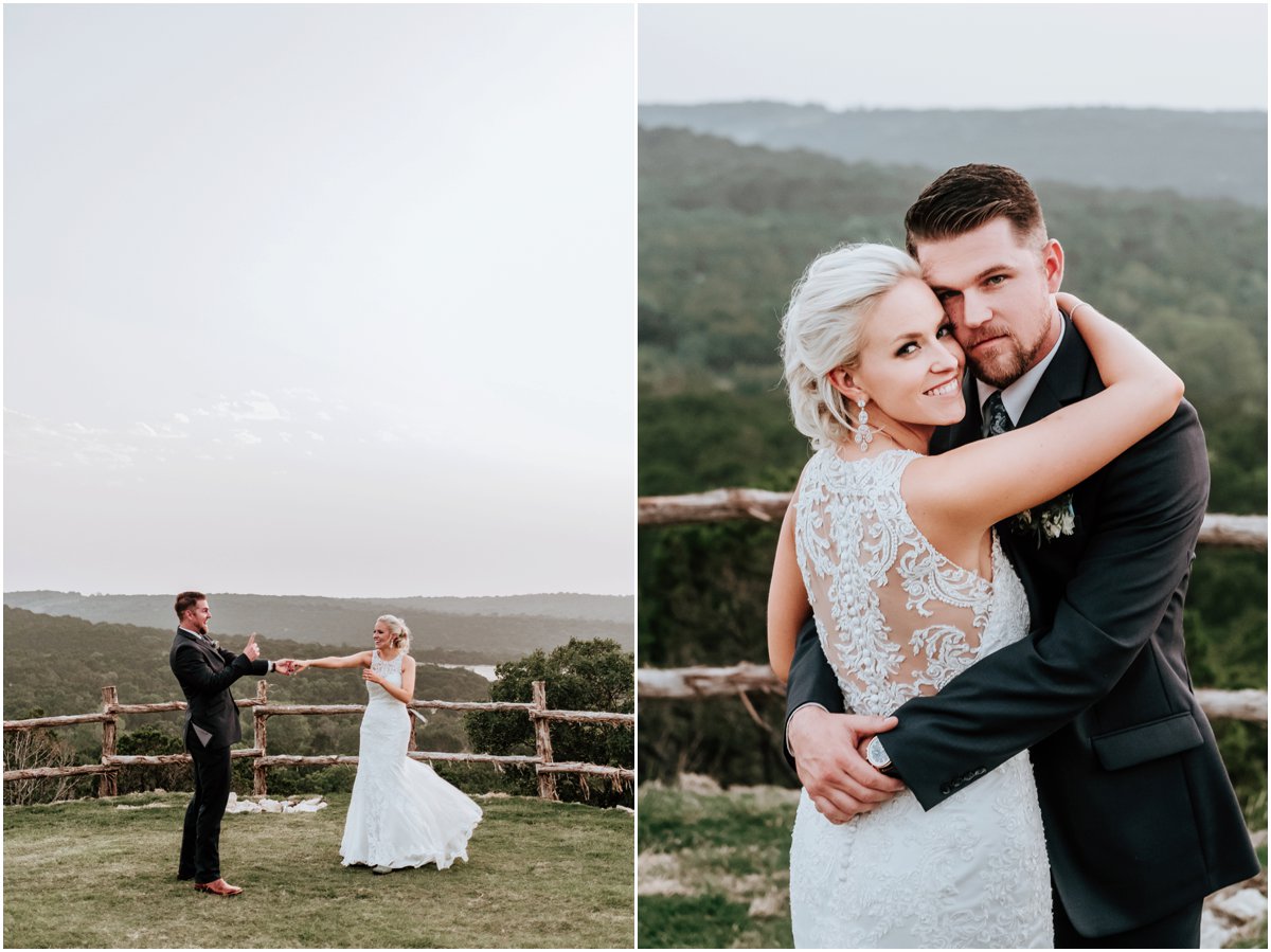 Bride and Groom Cliff Portraits Pink Wine Cranberry Navy Wedding - Dove Ridge Vineyard - Fort Worth Dallas - Wichita Wedding Photographer