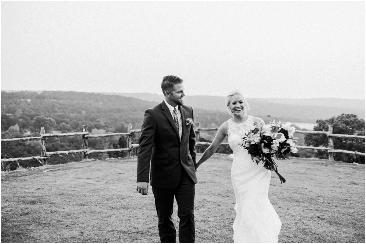 Bride and Groom Laughing Cliff Portraits Pink Wine Cranberry Navy Wedding - Dove Ridge Vineyard - Fort Worth Dallas - Wichita Wedding Photographer