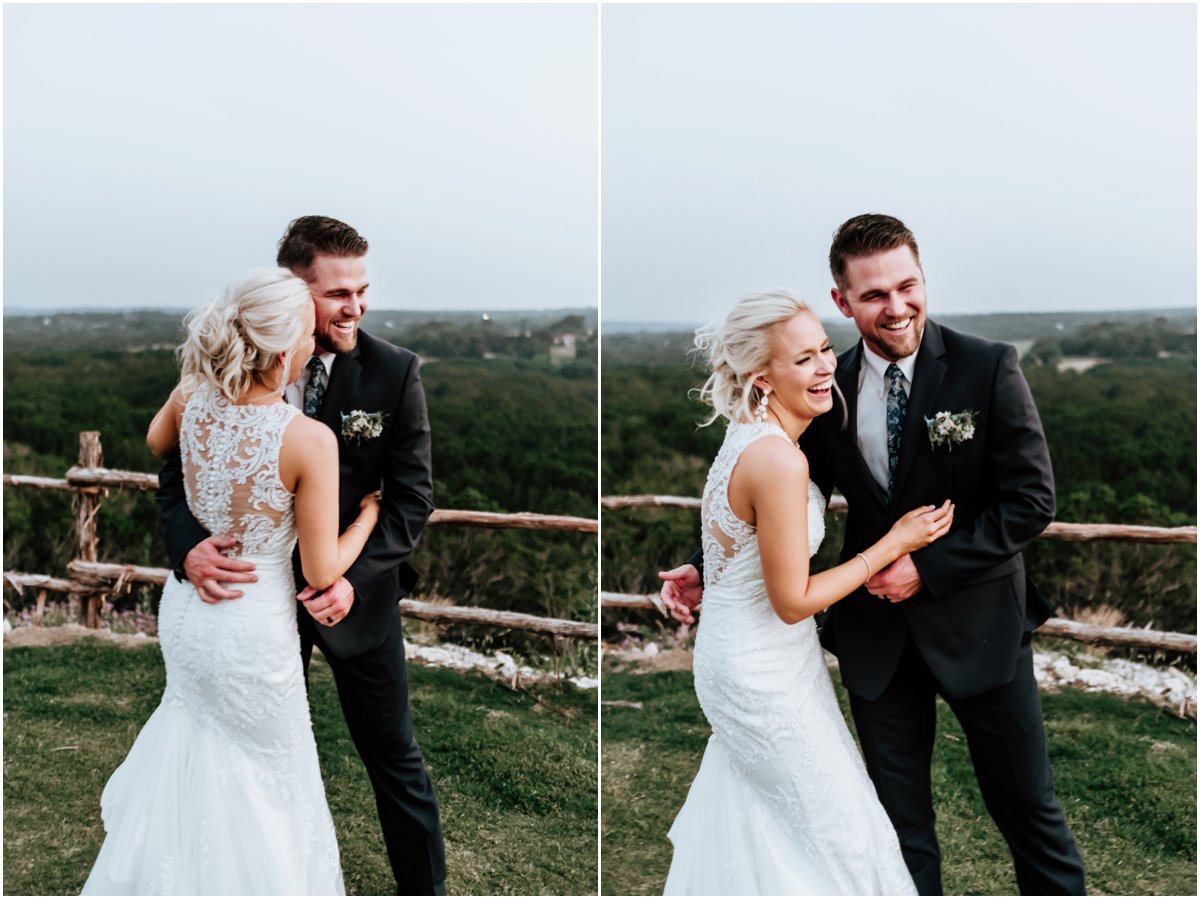 Bride and Groom Laughing Cliff Portraits Pink Wine Cranberry Navy Wedding - Dove Ridge Vineyard - Fort Worth Dallas - Wichita Wedding Photographer